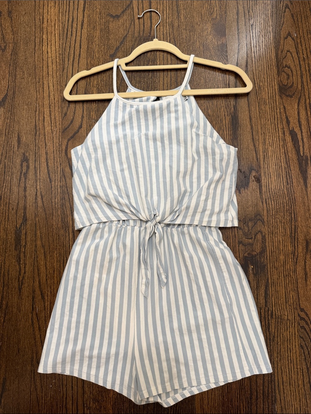 Paper Crane small Light Blue & White Vertical Stripe Sleeveless Romper